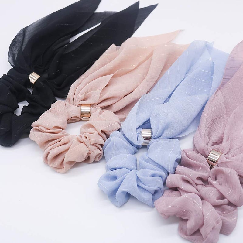 DINPREY Scarf Hair Ties for Women Girls, 8 Pcs Double Layer Bow Scrunchies for Hair Cute Bunny Ear Bow Scrunchies with Assorted Colors - Image 3